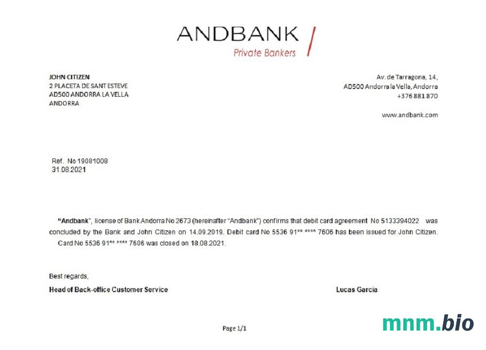 Andora Andbank przykład odniesienia do zamknięcia banku w formatach Word i PDF